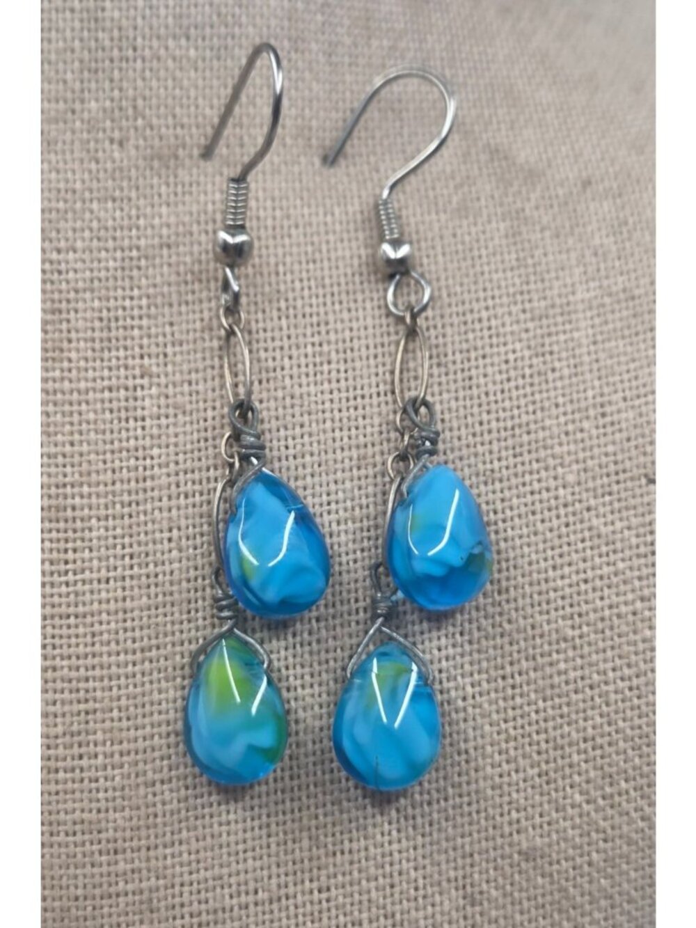 Blue & Green Swirl Teardrop Dangle Earrings With Silver Wire Hooks
